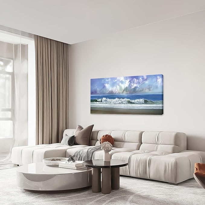 Bogosip Blue Ocean Wall Art Decor Beach Picture for Wall White Wave Painting Seascape Theme Large Canvas Print Modern Frame Artwork for Bedroom Bathroom Living Room Office 60"x30"