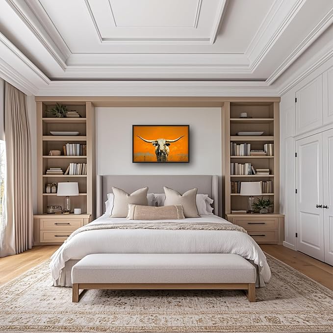 SweetFox Extra Large Western Longhorn Steer Framed Wall Art for Living Room, Farmhouse Cow Pictures Oversized Wall Decor Abstract Canvas Painting Print Artworks for Bathroom Master Bedroom 36L X 24W