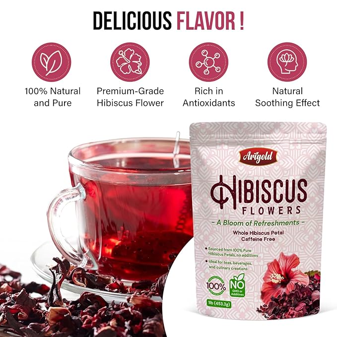 Arigold Pure Whole Petals Hibiscus Tea 1lb – Organic Dried Hibiscus Flowers,Flor de Jamaica, Hibiscus Sabdariffa, Bissap, Sorrel, hibiscus tea loose leaf Herbal Tea for Agua Fresca, Cocktails, Iced Tea & Hot Tea | Caffeine-Free & Rich in Antioxidants.