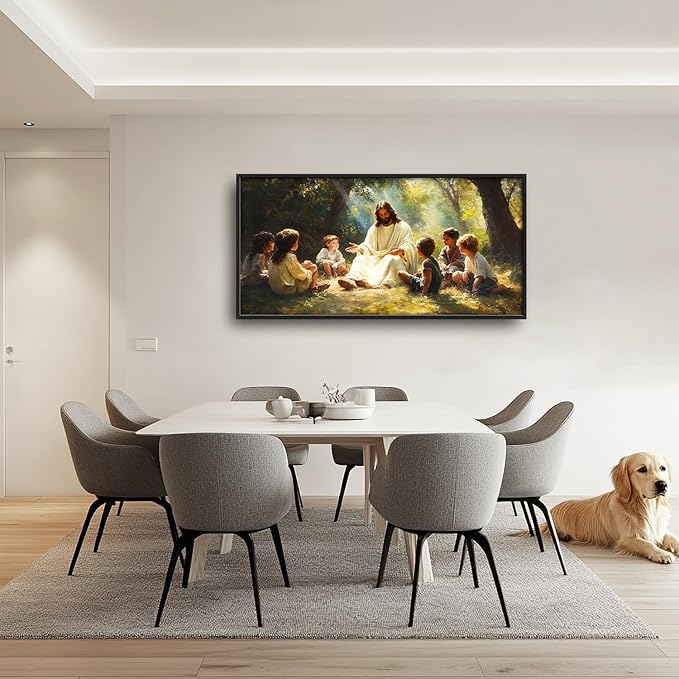 SweetFox Large Christian Jesus Framed Wall Art for Living Room, Jesus with Children Religious Pictures Oversized Wall Decor Abstract Canvas Painting Print Artworks for Bathroom Bedroom 60L X 30W