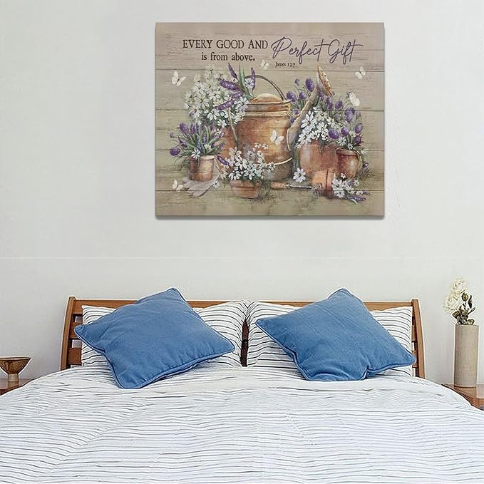 Country Bathroom Flower Wall Art Farmhouse Lavender Wall Decor Rustic Scripture Sign Canvas Painting Artwork Home Decorations for Man Teenager Office Bedroom Living Room Bathroom 24"x20"