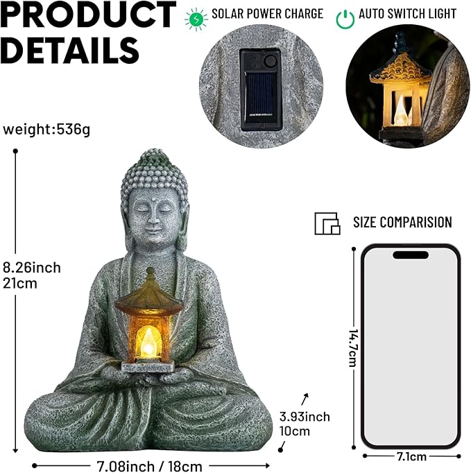 Buddha Garden Statue with Solar Light, Resin Zen Decor for Outdoor Patio or Indoor Meditation, Spiritual Gift for Women and Friends (Grey Pavilion)