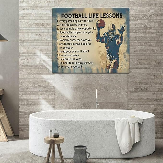 Farmhouse Football Wall Art For Boy Room Rustic Football Life Lessons Wall Decor Retro Football Sign Canvas Painting Artwork Home Decorations for Man Teenager Office Bedroom Living Room 24"x20"