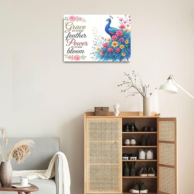 Peacock Wall Art Elegant Peacock Wall Decor Inspirational Canvas Print Painting Pictures Motivational Artwork Framed Decorations Gifts for Women girls Bedroom Bathroom Living Room Office 16"x24"