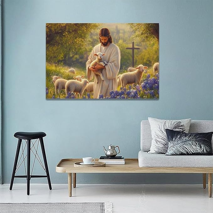 Fleruku Jesus Lamb Wall Art Christ Christian Wall Decor Jesus Religious Sign Pictures Canvas Painting Artwork Home Decorations for Living Room Bedroom Bathroom Office 24"x16"