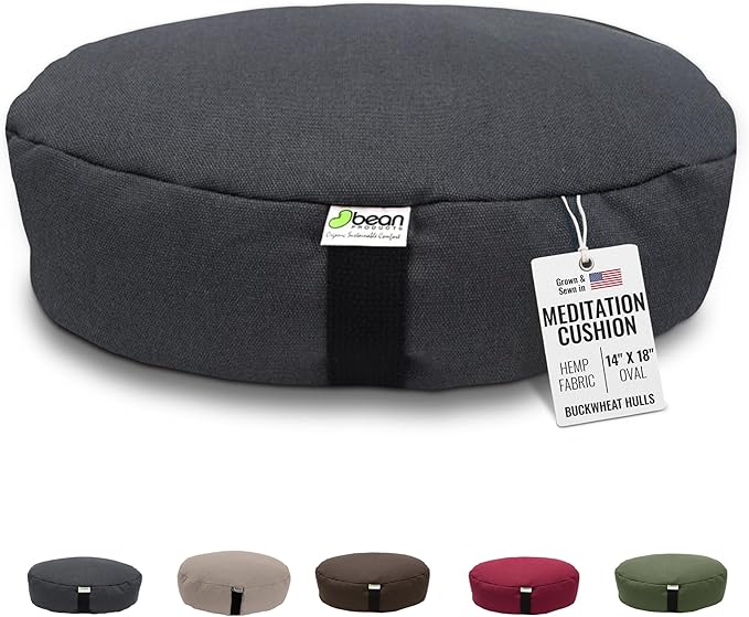 Bean Products Hemp Zafu Meditation Cushion for Sitting on Floor, Hemp Yoga Pillow, Zafu Meditation Pillow, Zen Seiza Kneeling Prayer Pad Support - Made in USA - Oval Shadow Gray