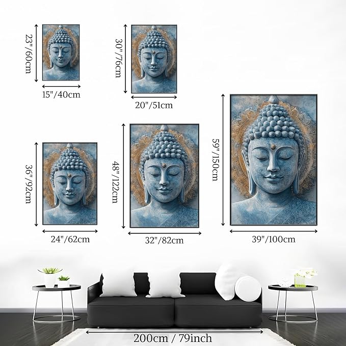 Blue Buddha Painting Wall Art, Buddha Head Painting, Mandala Wall Art, Zen Canvas Wall Art, Meditation Wall Decor, Religious Pictures Wall Decor, Yoga Room Wall Decor (Gold Framed, 32"Wx48"H/82x122cm)