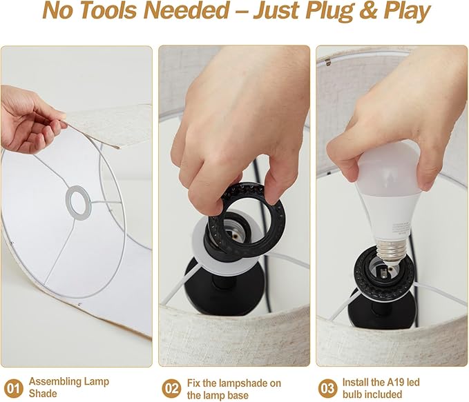 Touch Table Lamp for Living Room Bedroom, 21" Table Lamps Set of 2 with USB C+A Ports, Touch Bedside Lamps for Nightstand with 3 Way Dimmable, 2 LED Bulbs Included, Black