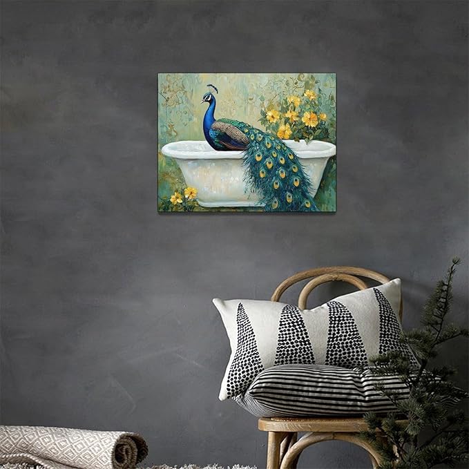 Fleruku Vintage Peacock Wall Art Elegance Bathroom Wall Decor Green Peacock Pictures Canvas Painting Artwork Home Decorations for Living Room Bedroom Office 16"x12"