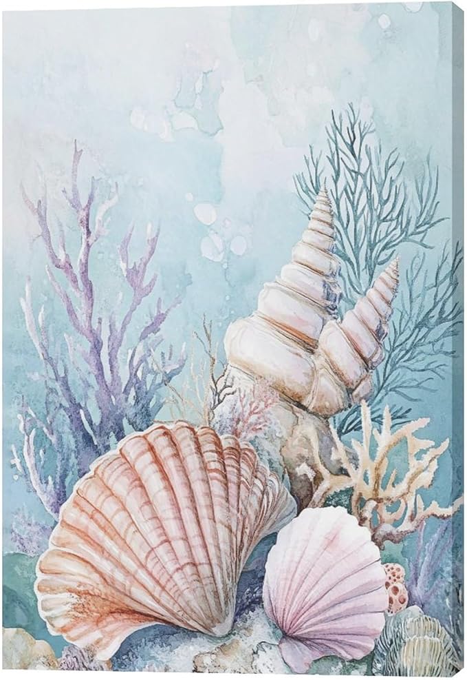 Fleruku Beach Coral Shells Wall Art Nautical Sea Wall Decor Ocean Pictures Canvas Painting Artwork Home Decorations for Living Room Bedroom Bathroom Office Nursery 16"x24"