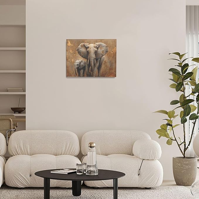 Elephant Wall Art African Animal Pictures Elephant Family Canvas Painting Decoration Artwork Framed Wall Decor Gifts for Women Girl Living Room Kids Bedroom 12"x16"
