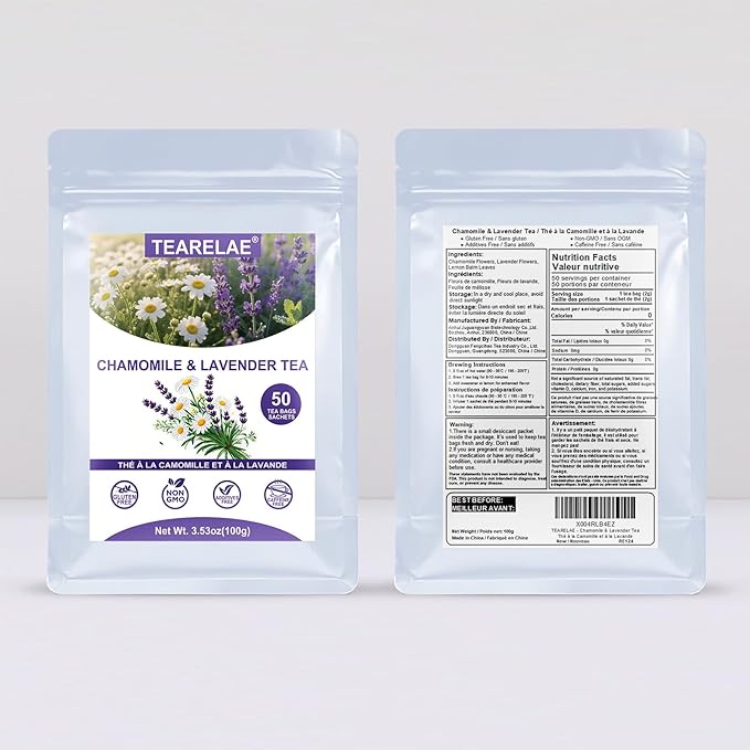 TEARELAE - Chamomile Lavender Tea, 50 Herbal Tea Bags with Lemon Balm for Relaxation & Bedtime - Non-GMO - Caffeine-Free - Floral & Soothing