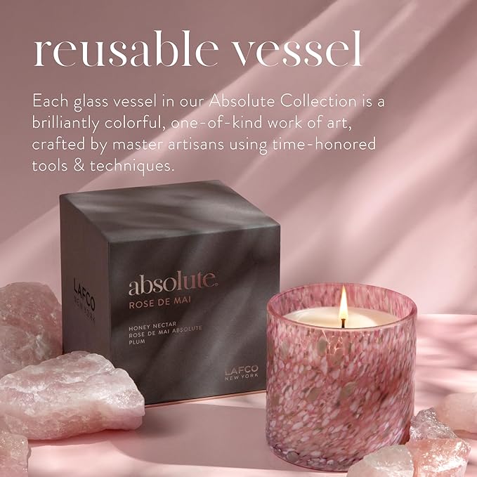 LAFCO New York Signature Candle, Rose de Mai - 15.5 oz - 90-Hour Burn Time - Reusable, Hand Blown Glass Vessel - Made in The USA