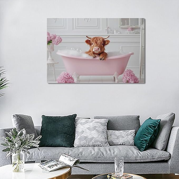 Bathroom Cow Wall Art Highland Cow Wall Decor Pink Pictures Canvas Painting Framed Artwork Home Decorations for Toilet Lavatory Living Room Bedroom 24"x16"