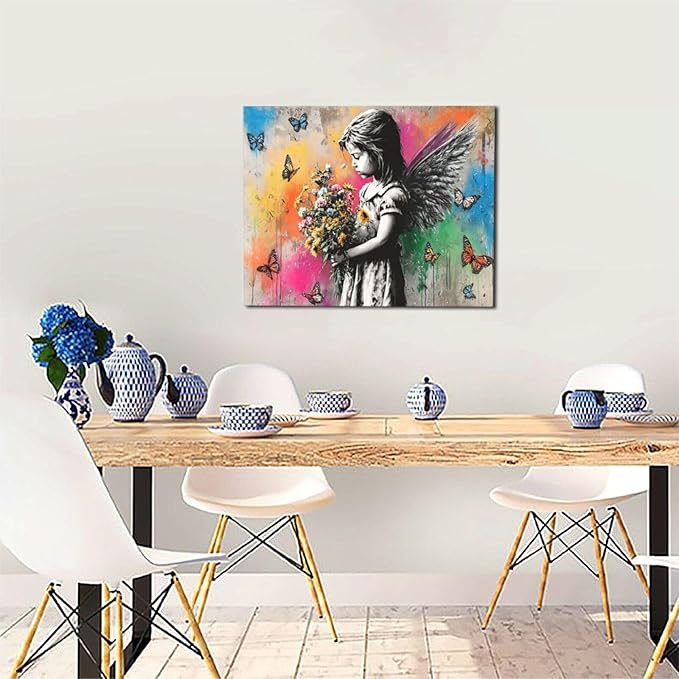 Banksy Wall Art Butterfly Girl Pictures Street Pop Art Graffiti Canvas Wall Decor Vintage Kids Aesthetic Painting Artwork Decorations Framed for Living Room Bedroom Bathroom Kid Room Office 16"x20"
