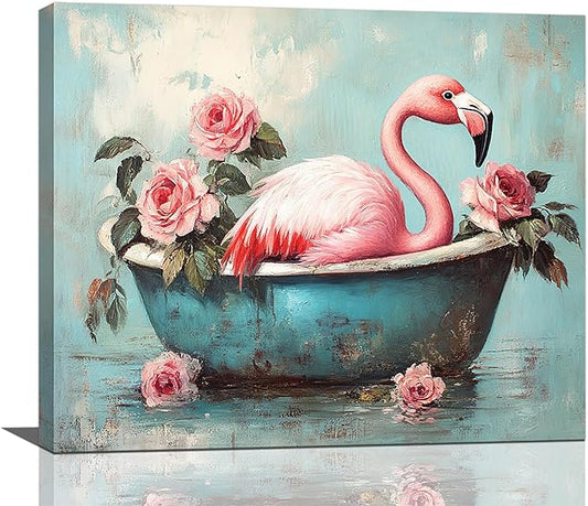 Olivine Flamingo Wall Art, Funny Animal Bathtub Pictures Wall Decor, Vintage Flamingo Bathroom Painting Tropical Animal Canvas Prints, Framed Artwork for Bedroom Living Room Office Home 24"x20"