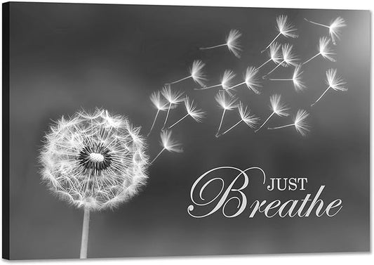 SKASNFAI Black and White Dandelion Zen Wall Art Canvas Just Breathe Motivation Positive Picture Art Print for Spa Yoga Meditation Wall Decor Ready to Hang (28L x 44W)