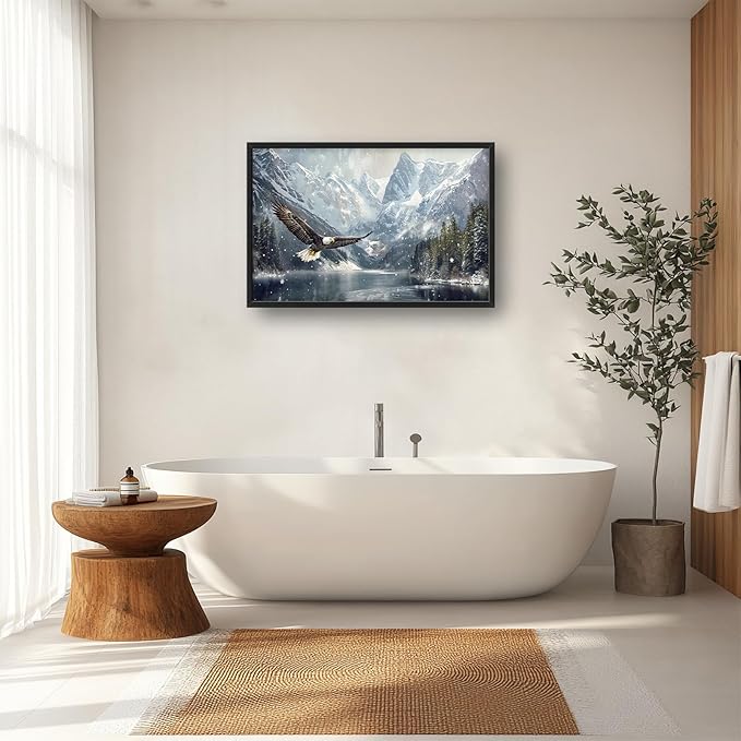 Winter Wall Art Snowy Mountain Lake Soaring Bald Eagle Pictures Wall Decor Large Canvas Prints Framed Artwork Paintings Home Office Decorations for Living Room Bedroom Dinning Room 36"x24"
