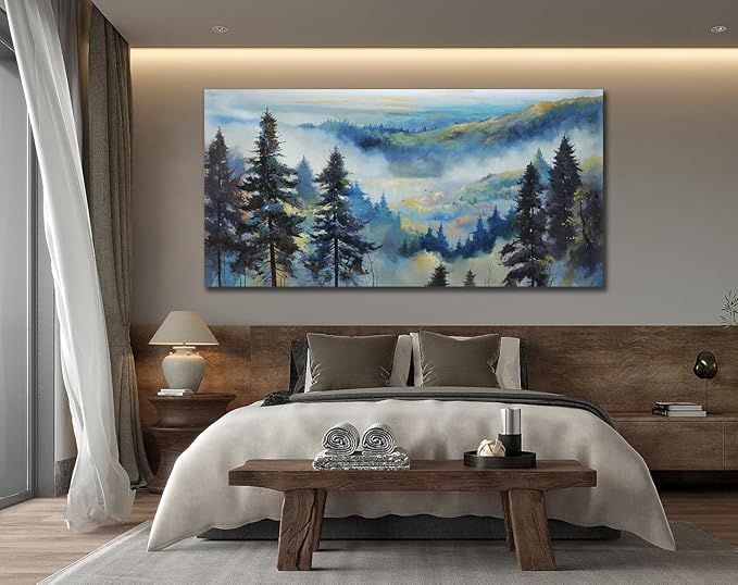 Anolyfi Large Misty Mountain Canvas Wall Art Living Room Foggy Forest Landscape Painting, Nature Pine Tree Scenery Blue Textured Artwork Framed for Bedroom Bathroom Kitchen Office Home Decor 48"x24"