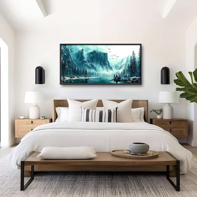 Large Mountain Lake Wall Art for Living Room, Forest Tree Canvas Wall Decor, Blue Pictures Framed Painting, Natural Landscape Artwork for Bedroom Office 60L'' × 30W''
