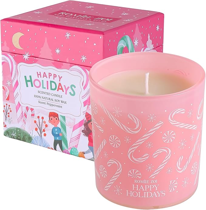Christmas Scented Jar Candle - 6oz Soy Wax Candle - Happy Holidays Infused with Peppermint Aroma - with Beautiful Keepsake Box Special for Christmas/Holiday Gifts