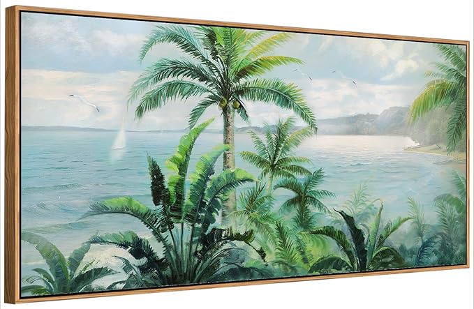 Anolyfi Palm Tree Picture Green Tropical Wall Art for Living Room Landscape Large Canvas Painting Nature Seascape Textured Artwork for Bedroom Kitchen Hallway Office Home Decor, Wood Framed 40"x20"