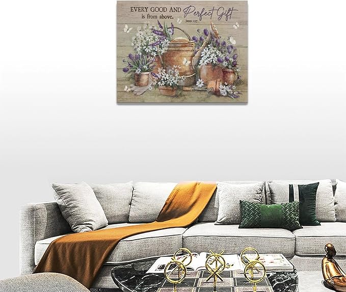 Country Bathroom Flower Wall Art Farmhouse Lavender Wall Decor Rustic Scripture Sign Canvas Painting Artwork Home Decorations for Man Teenager Office Bedroom Living Room Bathroom 16"x12"
