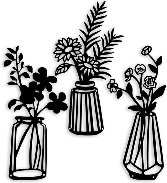 3 Pieces Black Metal Flowers Wall Decor Vase Art Sculptures Hanging for Indoor Kitchen Bathroom Dining Room Patio, 14.56x7.48 Inches