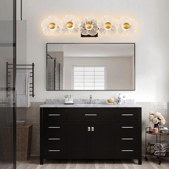 MantoLite Bathroom Light Fixtures Modern Vanity Light Over Mirror Adjustable 3000K-6000K Picture Lights Art Light with Floral Clear Glass Shades for Living Room Bedroom Wall Sconces (5 Light Black)