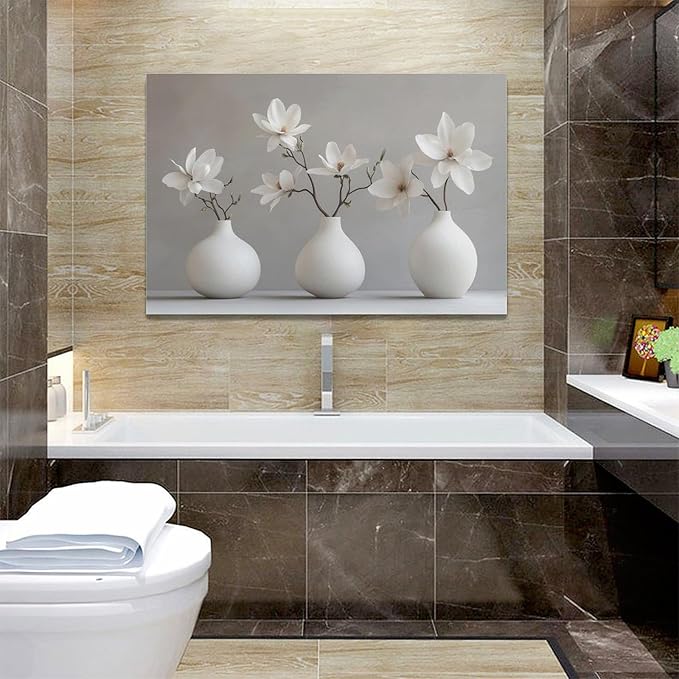 Bathroom Wall Art Zen Wall Decor Spa White Flower Pictures Canvas Painting Framed Artwork Home Decorations for Yoga Meditation Room Living Room Bedroom 24"x16"