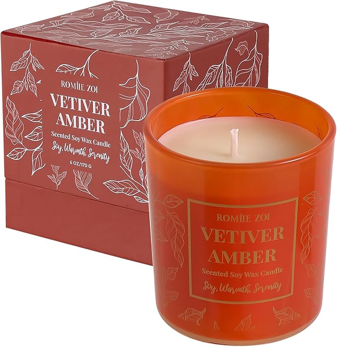 Aromatherapy Jar Candle - 6oz Soy Wax Candle - Infused with Vetiver Amber Aroma - with Beautiful Keepsake Box Special for Birthday/Holiday Gifts
