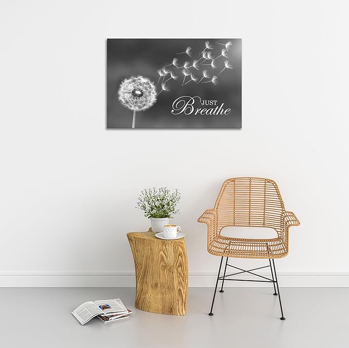 SKASNFAI Black and White Dandelion Zen Wall Art Canvas Just Breathe Motivation Positive Picture Art Print for Spa Yoga Meditation Wall Decor Ready to Hang (16L x 24W)