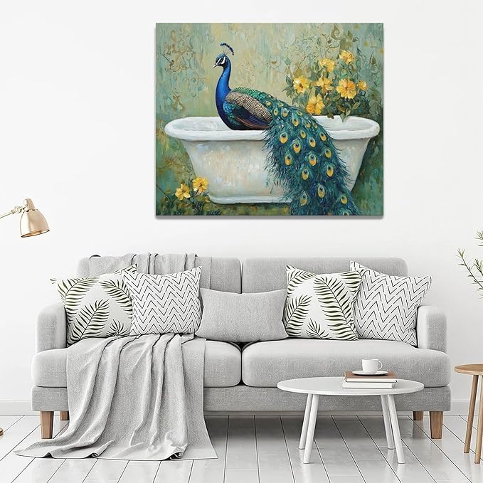 Fleruku Vintage Peacock Wall Art Elegance Bathroom Wall Decor Green Peacock Pictures Canvas Painting Artwork Home Decorations for Living Room Bedroom Office 24"x20"