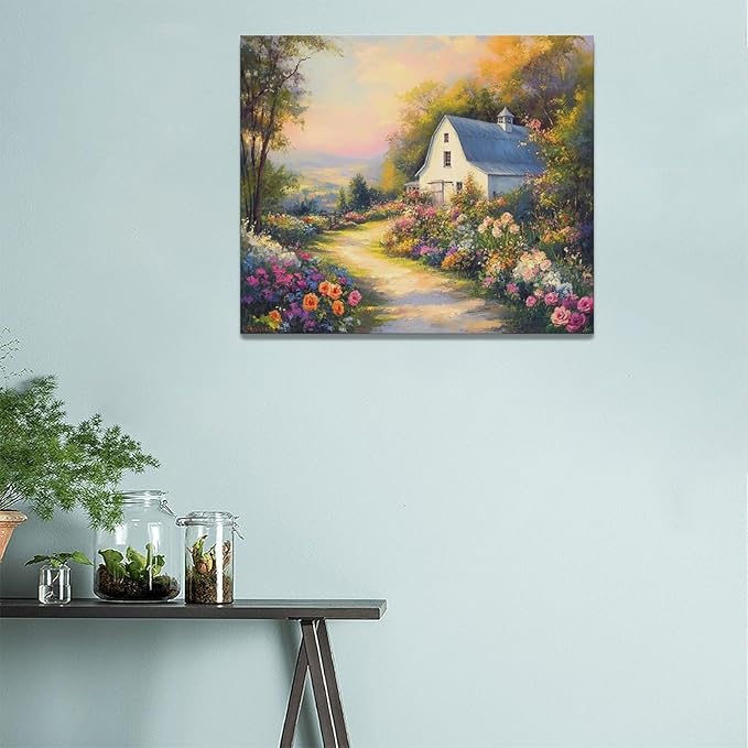 Olivine Garden Wall Art, Barn Pictures Wall Decor, Sunset Painting Vintage Village Garden Canvas Print, Framed Artwork for Living Room Bedroom Bathroom Office Home Decoration 24"x20"
