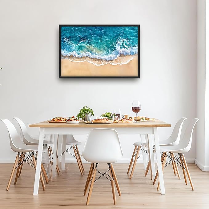 SweetFox Extra Large Watercolor Ocean Wave Framed Wall Art for Living Room, Coastal Beach Ocean Pictures Oversized Wall Decor Abstract Canvas Painting Print Artworks for Bathroom Bedroom 36L X 24W