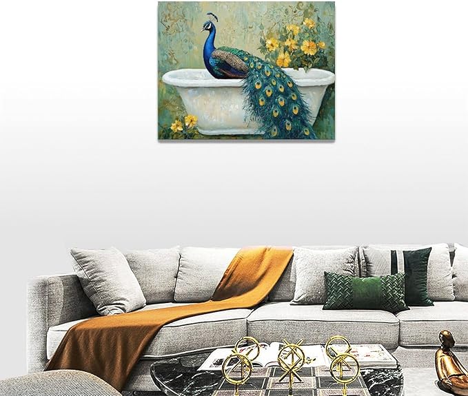 Fleruku Vintage Peacock Wall Art Elegance Bathroom Wall Decor Green Peacock Pictures Canvas Painting Artwork Home Decorations for Living Room Bedroom Office 16"x12"
