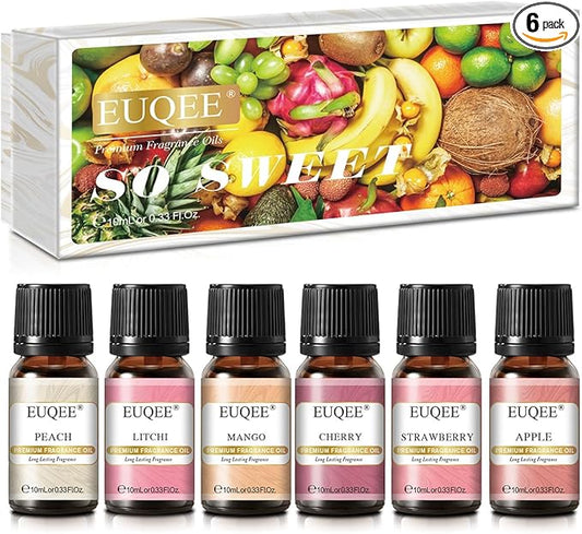 Premium Fruit Fragrance Oils Gift Set for So Sweet - 6x10ml-Strawberry, Cherry, Litchi, Apple, Mango, Peach - Scented Essential Oils for Diffuser, Candle Making