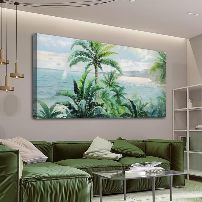 Anolyfi Palm Tree Picture Green Tropical Wall Art for Living Room Landscape Large Canvas Painting Nature Seascape Textured Artwork Framed Bedroom Kitchen Hallway Office Home Decor 58"x29"