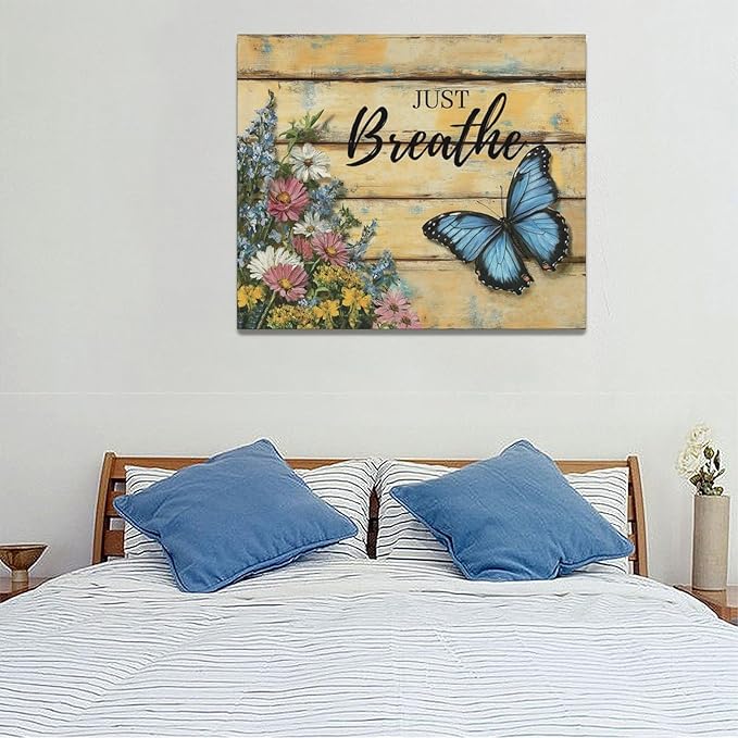 Olivine Butterfly Wall Art, Butterflies Flower Pictures Wall Decor, Just Breathe Painting, Vintage Farmhouse Canvas Prints, Framed Artwork for Living Room Bedroom Bathroom Kitchen Office Home 24"x20"