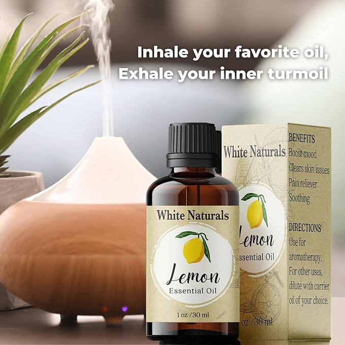 Organic Lemon Essential Oil by White Naturals, 100% Natural and Pure, Therapeutic Grade for Aromatherapy, Massage, Household Cleaning, Hair Care, Skincare, DIY Soap Making & Diffuser, Vegan 1 Ounce