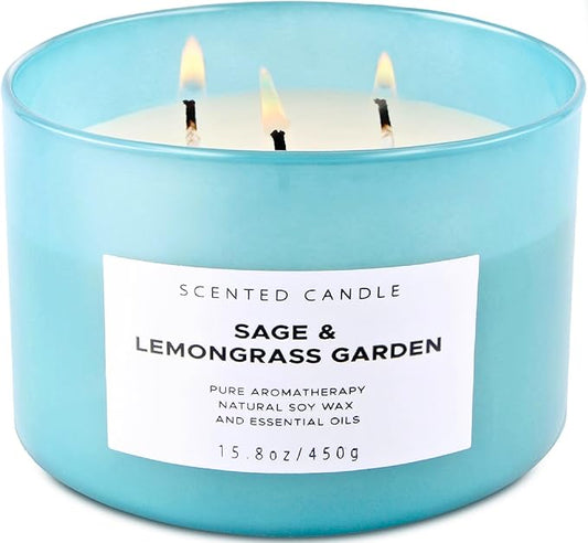 Sage Lemongrass Garden 3 Wick Scented Candle | Large Soy Candles for Home 15.8 oz | Long Lasting Stress Relief Candle | Soothing Sage Candles for Cleansing | Aromatherapy Candle Gift for Women & Men