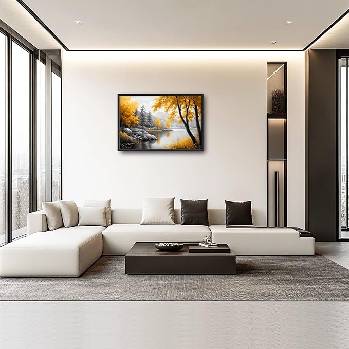 Framed Large Fall Tree Wall Art for Living Room, Oversized Zen Trees Wall Decor, Black and Golden Forest Canvas Pictures Home Decoration for Living Room Bedroom Office 36"x24"