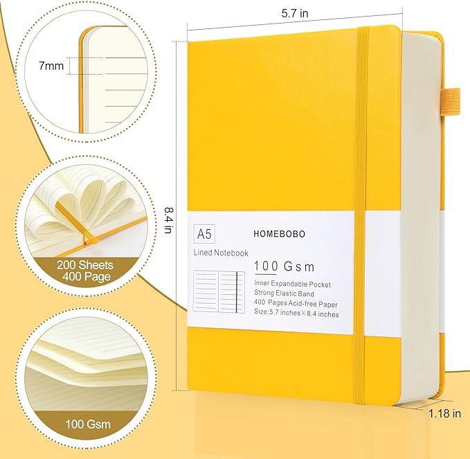 Journals for Writing 400 Pages, A5 Leather Ruled Notebook, 100 Gms College Ruled Journal with Thick Paper, Hardcover with Inner Pocket & Pen Holder, Yellow