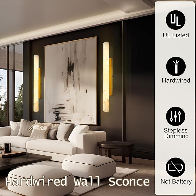 Brass Alabaster Wall Sconces, Spanish Natural Marble Wall Sconce, 36" Long Stone Wall Sconce Dimmable, Gold Alabaster Sconces Wall Lighting Indoor, Marble Wall Light for Bathroom, Living Room,Entryway