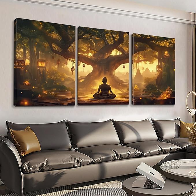 WithHope 3 Piece Buddha Canvas Wall Art, Buddha Home Decor, Buddhist Decorations, Zen Canvas Wall Art, Tree of Life Artwork, Zen Decorations, Modern Painting, Living Room Decor (24" x 36" x 3 pcs)