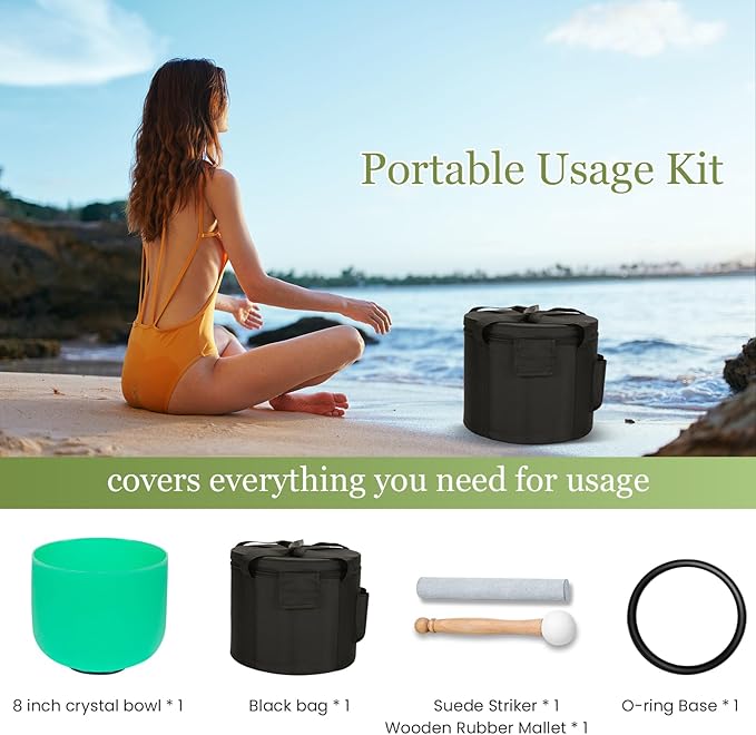 432HZ 8 Inchs F Note Green Frosted Crystal Singing Bowl for Meditation Healing Yoga Chakra Quartz Crystal Sound Bowls with Heavy Duty Carry Case and Rubber Mallet,Suede Striker,O-rings