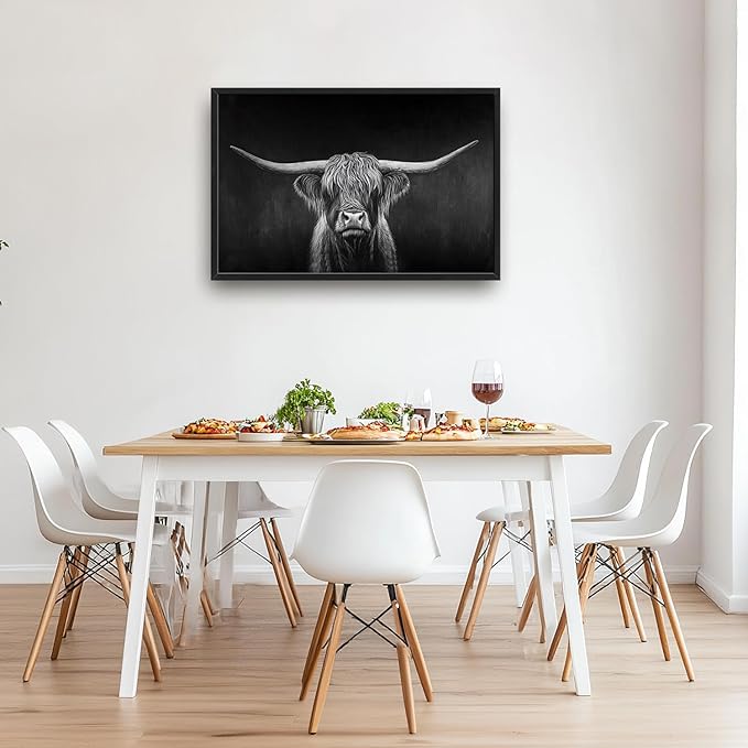 SweetFox Extra Large Highland Cow Framed Wall Art for Living Room, Black and White Longhorn Cattle Pictures Oversized Wall Decor Abstract Canvas Painting Print Artwork for Bathroom Bedroom 36L X 24W