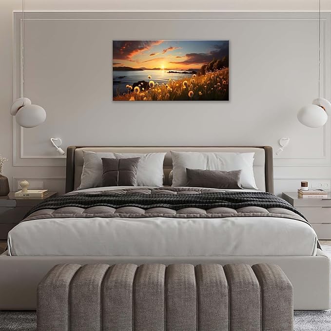 Dandelion Painting Wall Art Dandelion Landscape Pictures Wall Decor Flower Sunset Large Canvas Prints Modern Framed Artwork Home Decorations Above Bed for Living Room Dining Room Bedroom 60"x30"