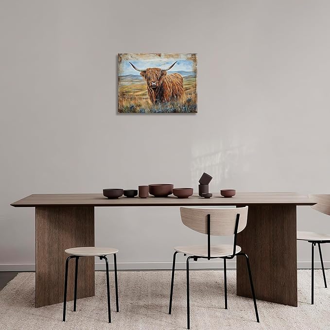 Olivine Highland Cow Wall Art, Rustic Farmhouse Cow Pictures Wall Decor, Country Painting Canvas Prints, Framed Artwork for Bathroom Bedroom Living Room Office Home Decoration 24"x20"