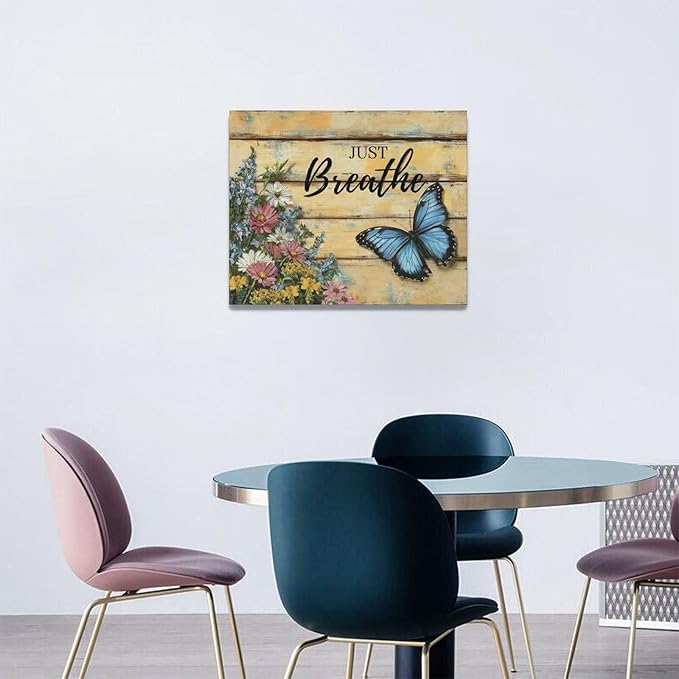 Olivine Butterfly Wall Art, Butterflies Flower Pictures Wall Decor, Just Breathe Painting, Vintage Farmhouse Canvas Prints, Framed Artwork for Living Room Bedroom Bathroom Kitchen Office Home 20"x16"